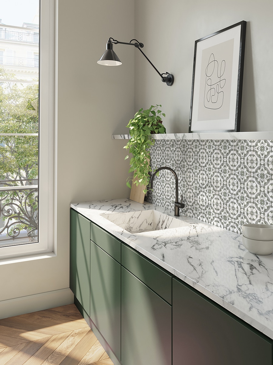 Emery (Spring Green) on carrara kitchen backsplash