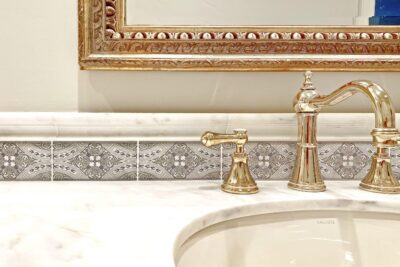 Close up bathroom vanity backslplash detail with Nicolo listellos